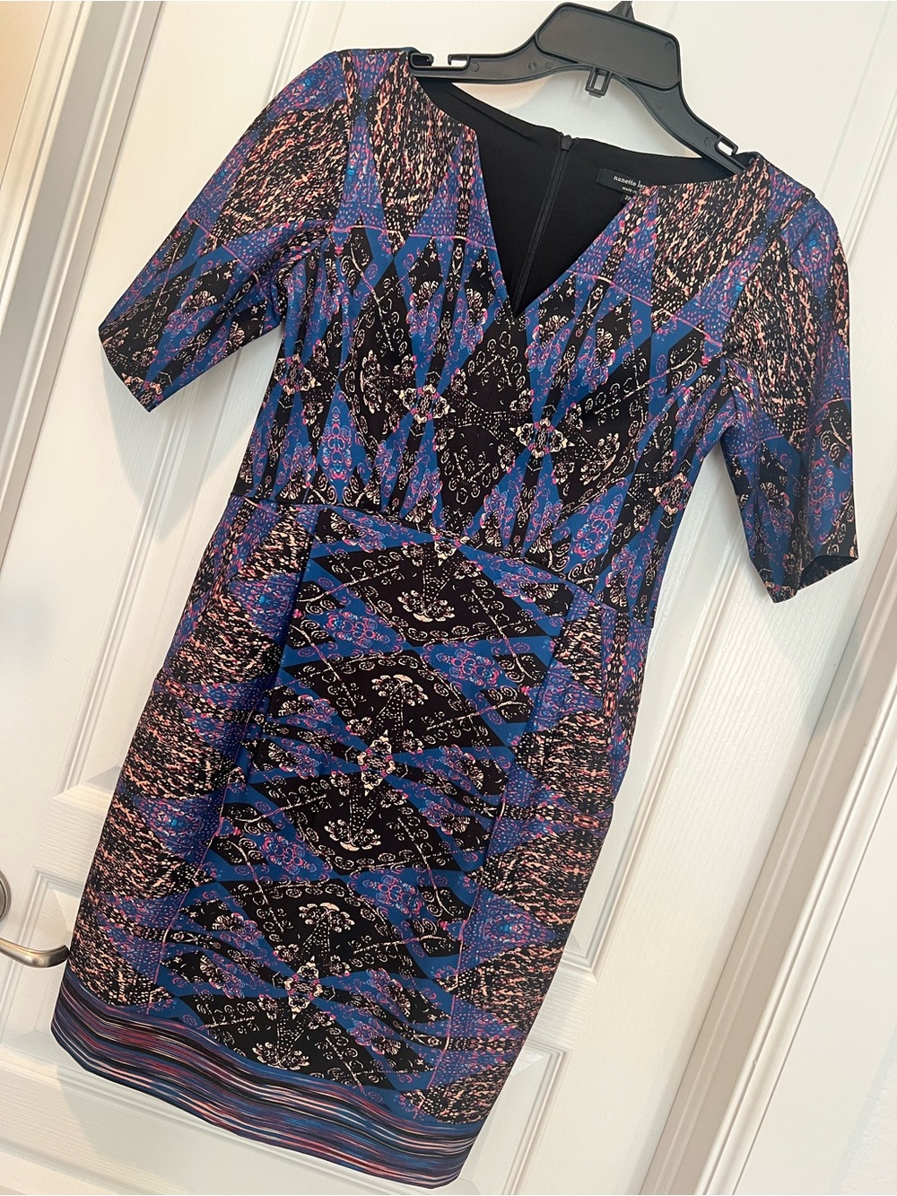 Nanette Lepore Black and Blue Geometric Print Midi Sheath Dress 2P Sexy Flirty